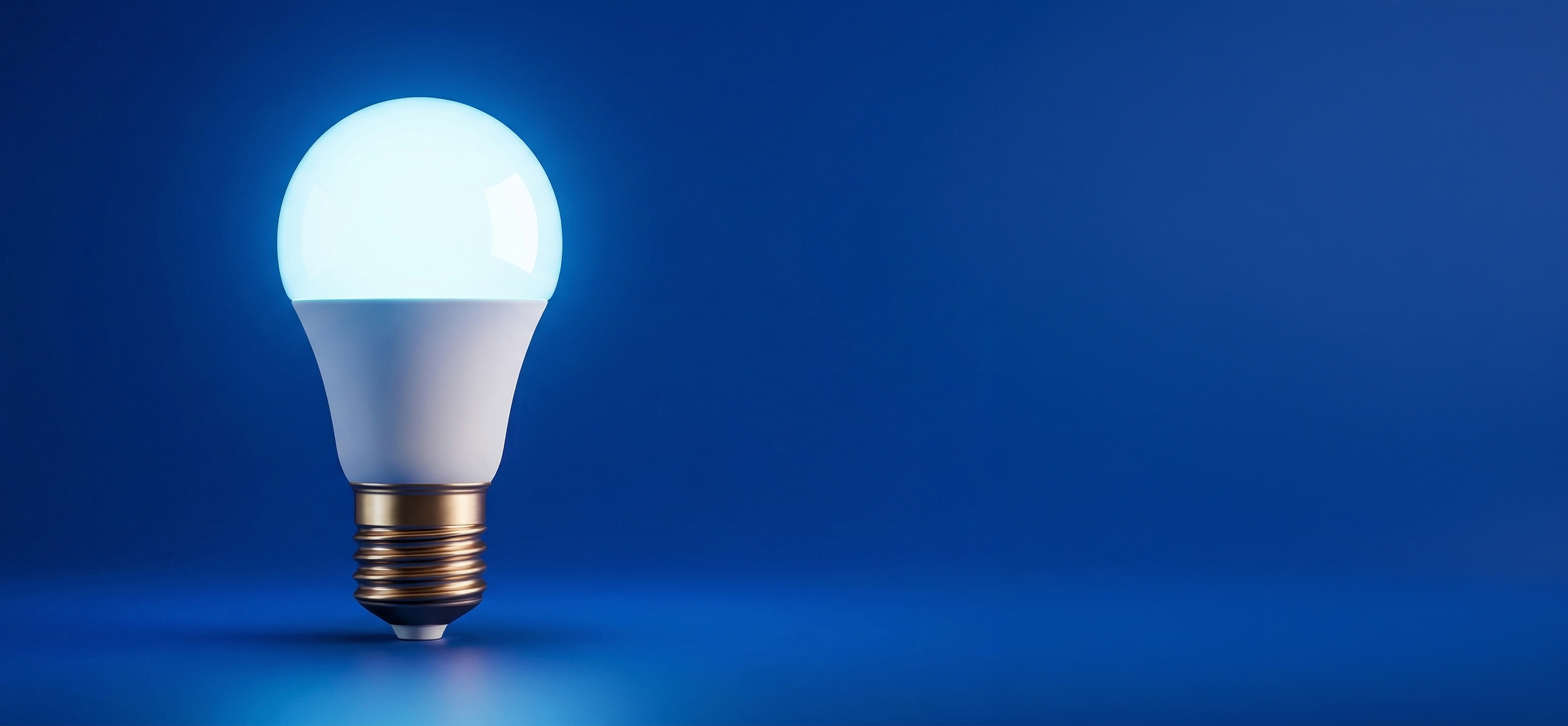 หลอดไฟ LED เปล่งแสงบนพื้นหลังสีน้ำเงิน