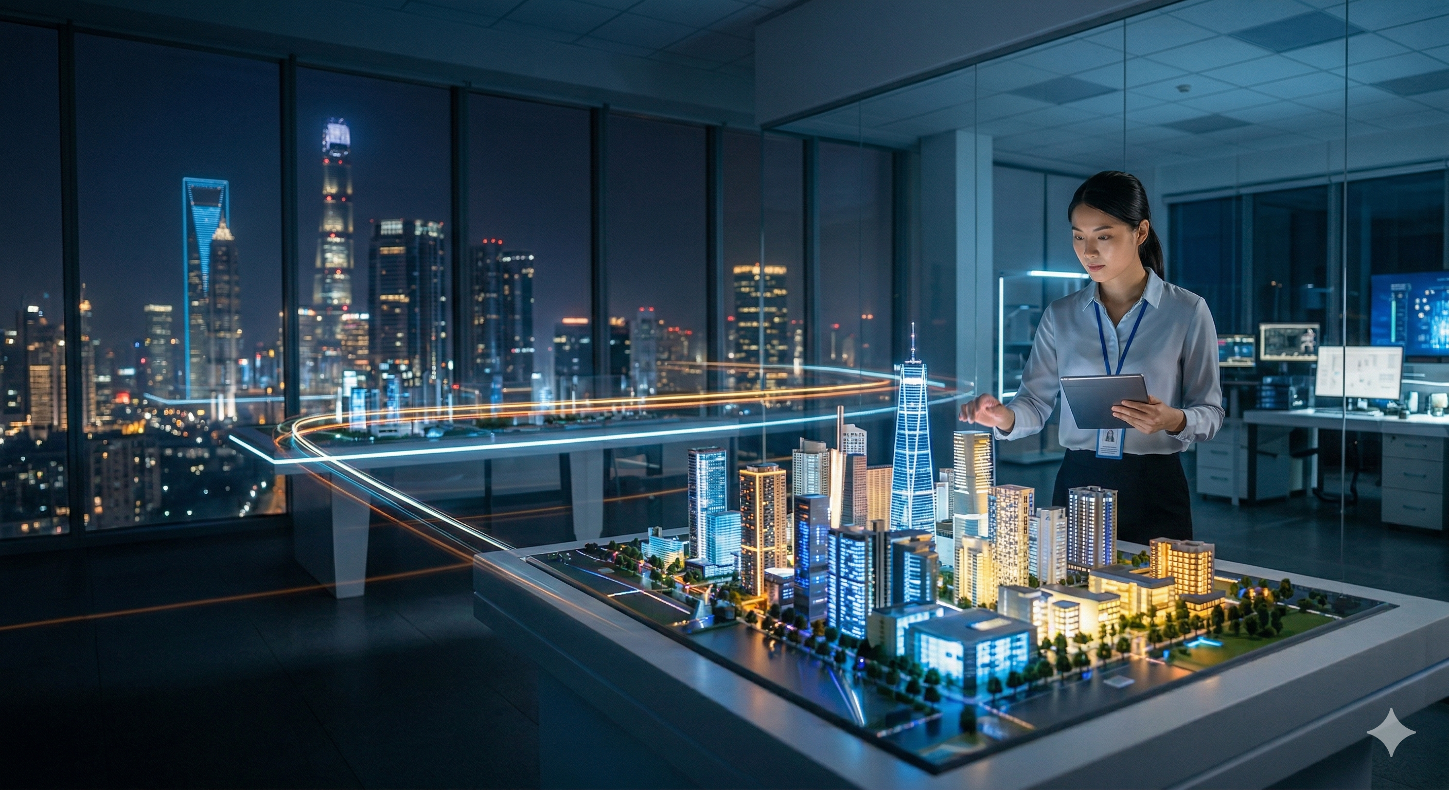 B-Lighting Innovation — woman with illuminated smart city model